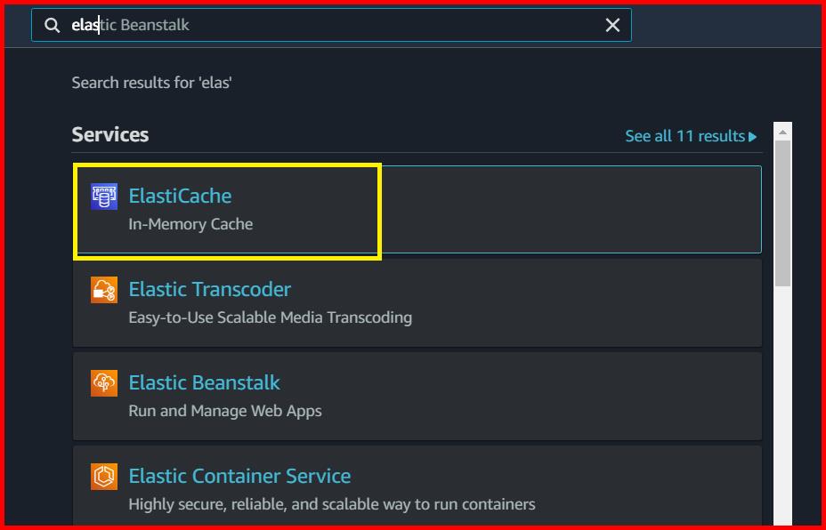 Picture showing the ElasticCache in the search result